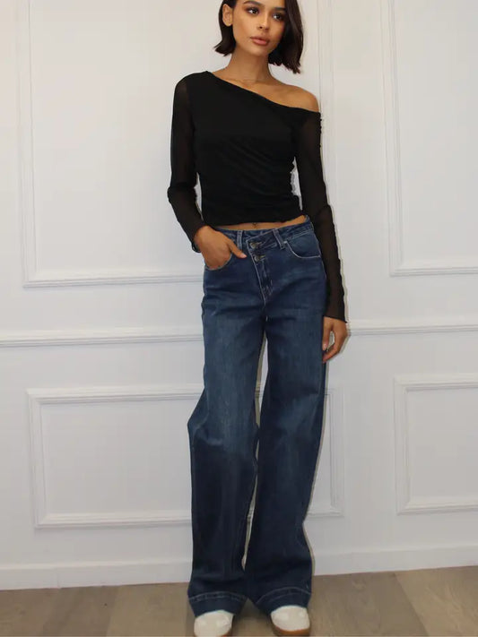 Asymmetrische High-Waist Wide Leg Jeans – Dunkelblau
